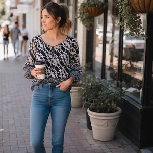 INC International Concepts Printed Black Tan Peasant Blouse Separate Camisole XL